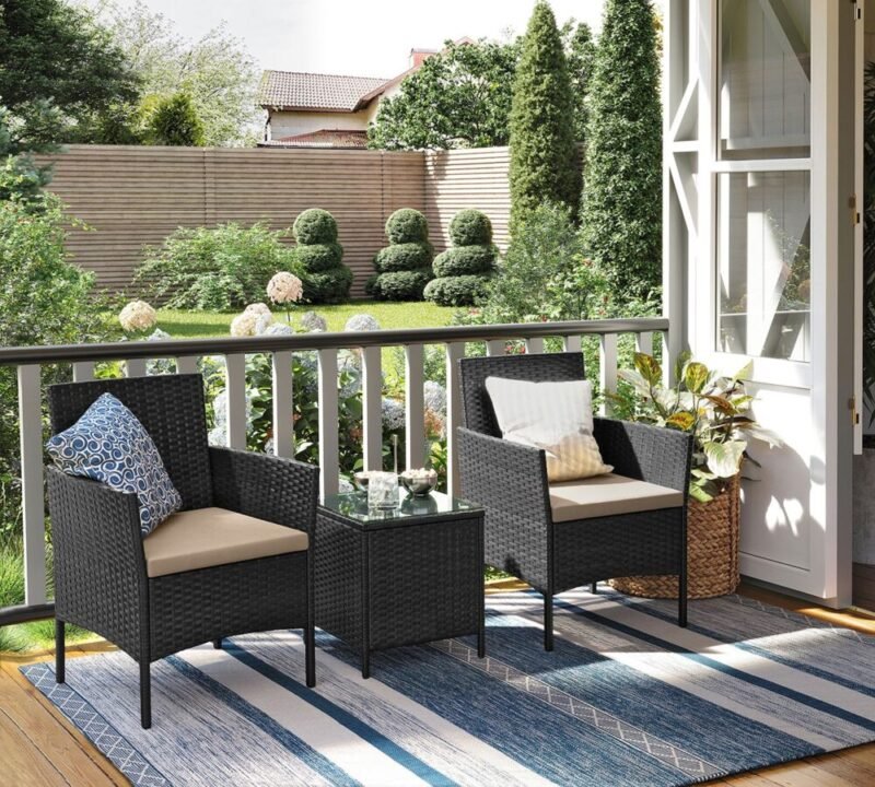 Balkonmöbel Set Polyrattan Tisch Stühle Schwarz Taupe LIZZY – Bild 2