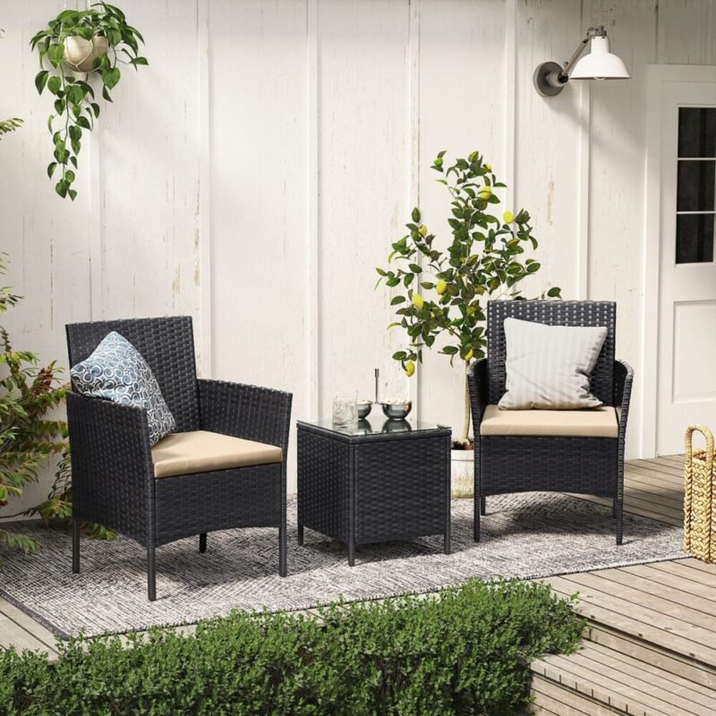 Balkonmöbel Set Polyrattan Tisch Stühle Schwarz Taupe LIZZY – Bild 3