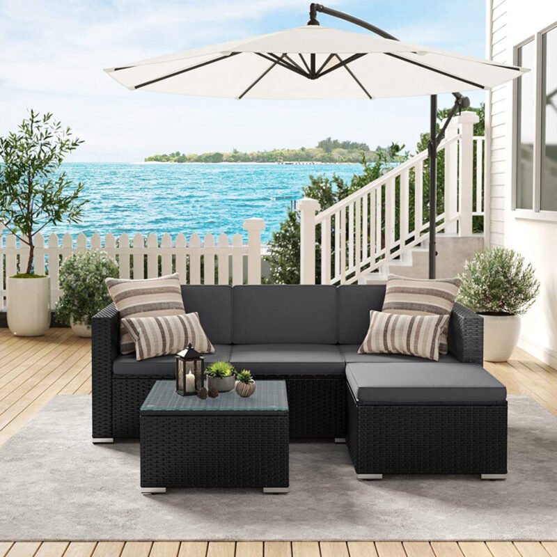 Gartenmöbel Polyrattan Ecksofa Schwarz Grau HELIOS – Bild 4