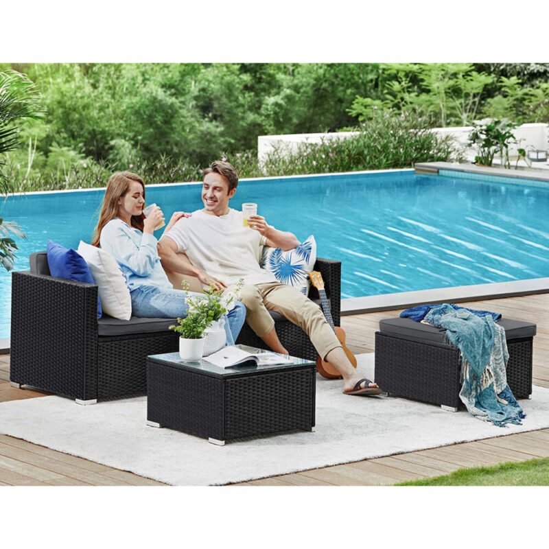 Gartenmöbel Polyrattan Ecksofa Schwarz Grau HELIOS – Bild 2