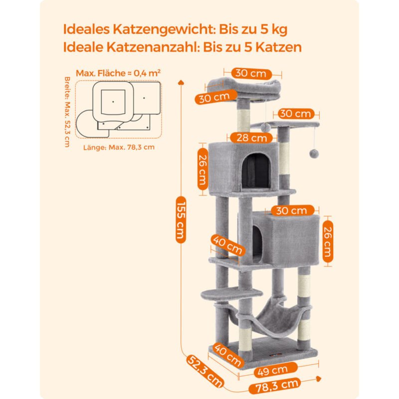Kratzbaum 155cm Katzenbaum Höhlen Hängematte MODERNO – Bild 7